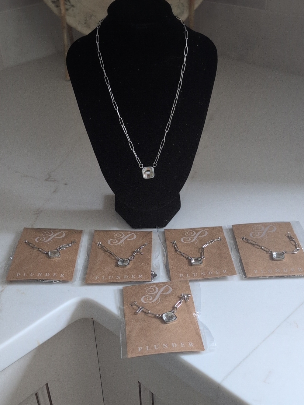 Plunder 6 Piece Bundle Silvertone Paperclip Chain With Square Glass Pendant